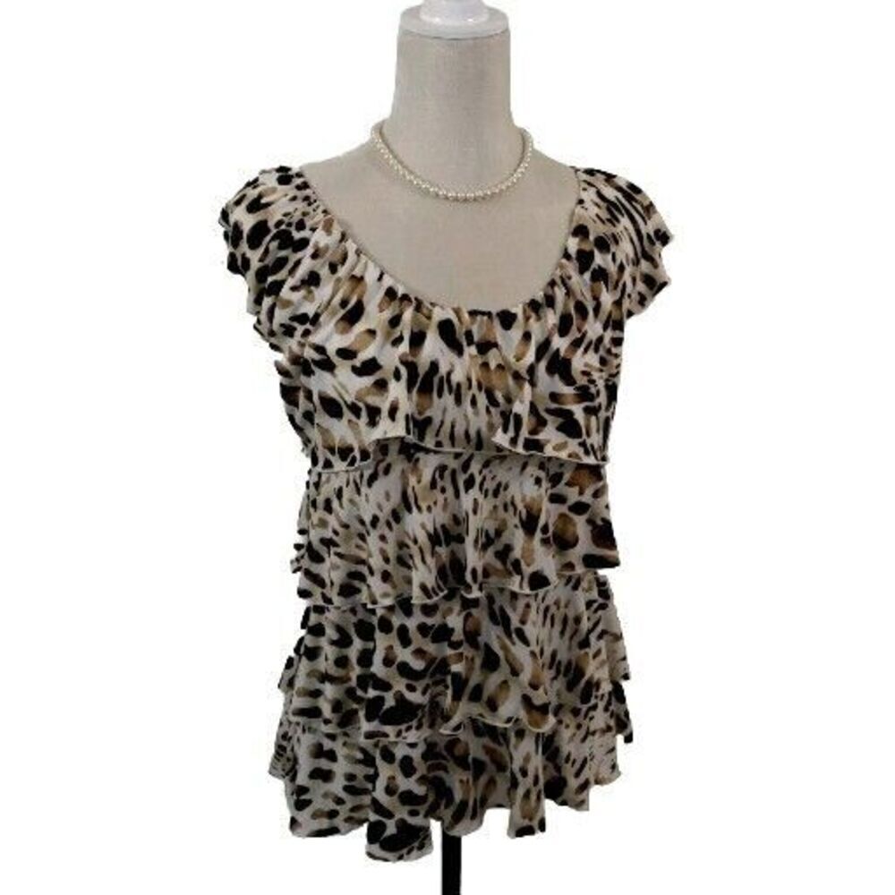 Milano Womens Small Top Leopard Print Pullover Sleeveless Stretchy Ruffle Animal - Picture 1 of 8